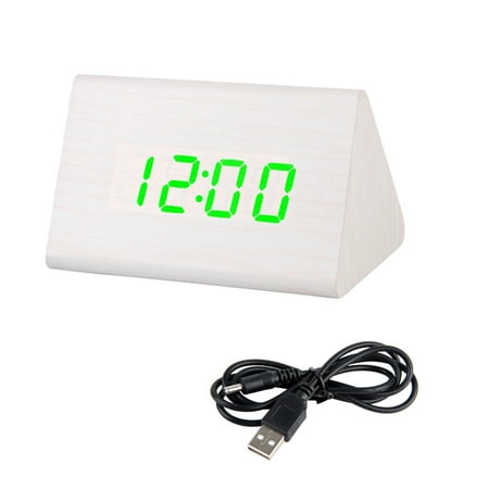 Yesbay Desktop Decor Sound Control USB Rechargeable LED Digital Wooden Alarm Clock,White Green Light#