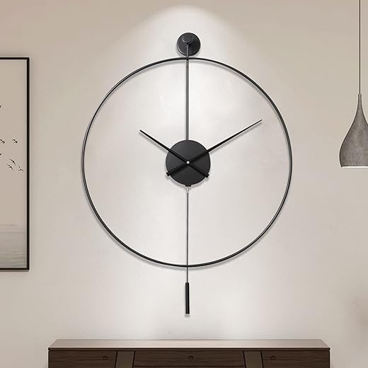 YISITEONE Classical Large Decorative Wall Clock with Pendulum, Modern Non-Ticking Silent Metal Wall Clocks for Living Room, Bedroom, Study, Office, 23.6 (Black)