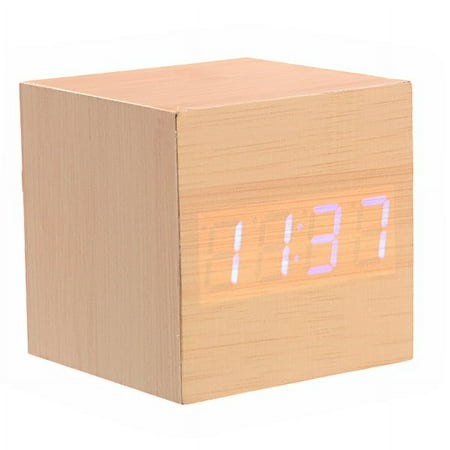 008-11 Mini Cube Shaped Voice Activated Blue LED Digital Wood Wooden Alarm Clock with Date /Temperature (Light Yellow)