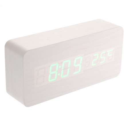 013-12 USB /AAA Powered Shaped Voice Control Green Light Digital LED Wooden Desk Alarm Clock with Date /Temperature (White)