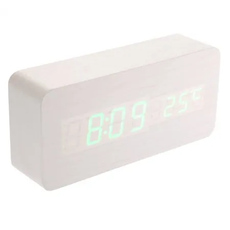 013-12 USB /AAA Powered Shaped Voice Control Green Light Digital LED Wooden Desk Alarm Clock with Date /Temperature (White)