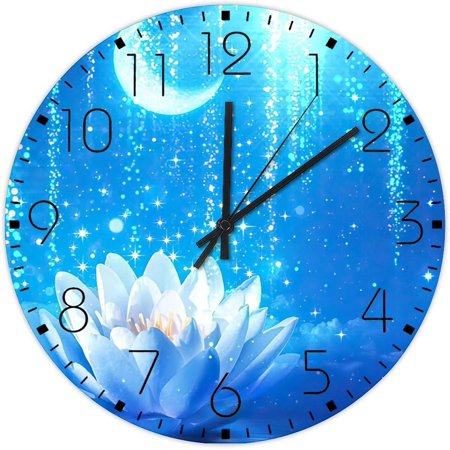 10 Inch Silent Non-Ticking Wall Clocks Battery Operated White Lotus' Flower Blue Home Decor For Home Spiritual Meditation Floral Relax Retro Round Wooden Wall Clock Vintage For Garden Family Room