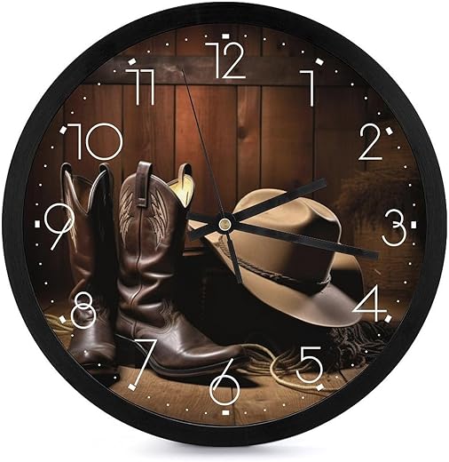 10 Inch Wall Clock Cowboy Black Hat Western Boots Battery Operated Wall Clocks Silent Non-Ticking Round Wall Clock for Living Room Kitchen Home Office Wall Decorative Clock