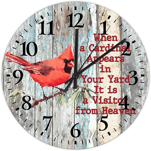 10 Inch When A Cardinal Appears in Your Yard Its A Visitor from Heaven Wooden Clock Battery Operated Cardinal Angels are Near Floral Red Vintage Wood Print Wall Clock Arabic Numeral Round Clock