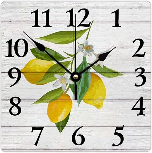 10 Inch Wooden Wall Clock Non-ticking with Metal Hands Fruits And Rustic Wood Lemon Square Wood Clock Shabby Chic Rustic Style Wall Clock Suitable for Kitchen Study Farmhouse Wall Decorations