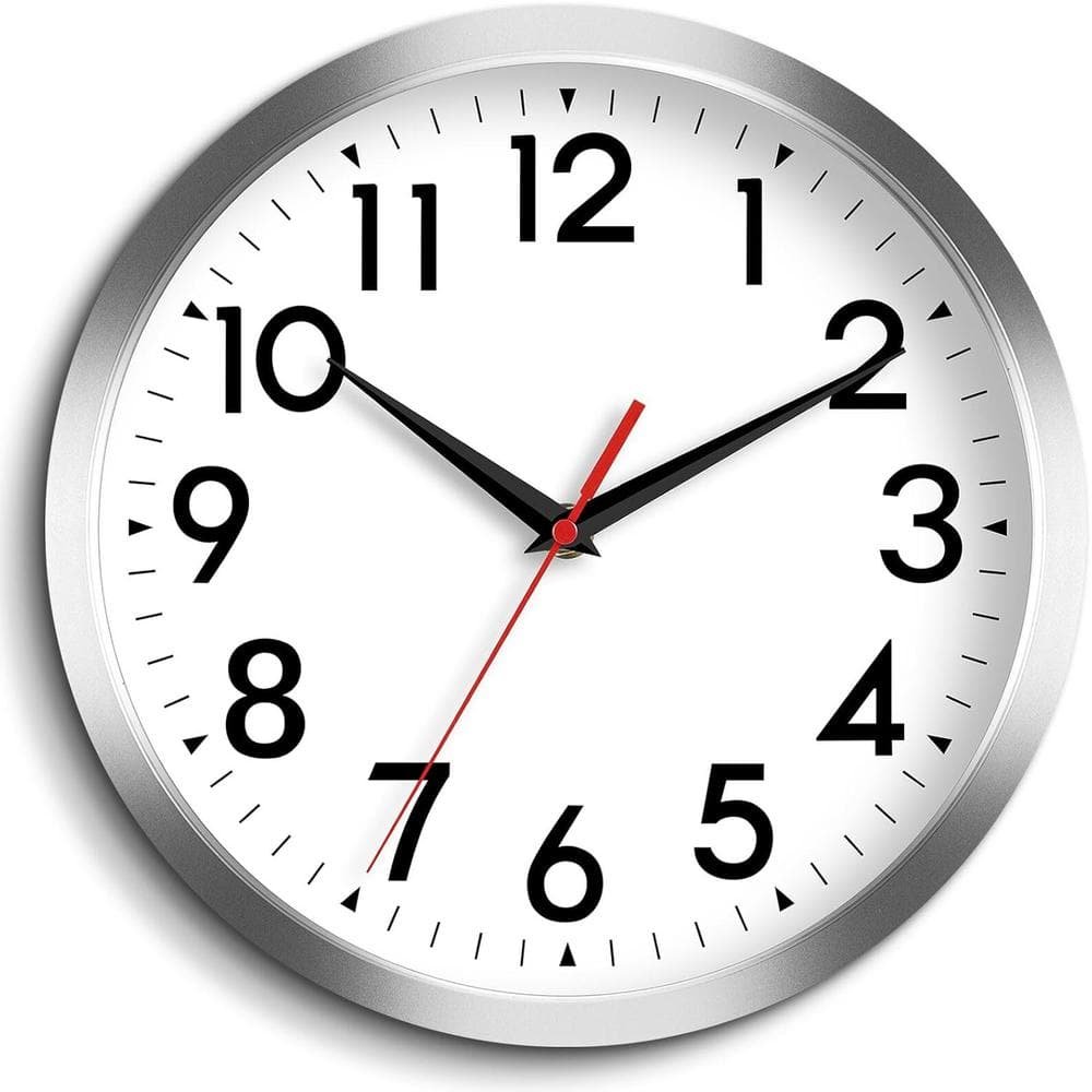 10 in. Silver Analog Silent Non-Ticking Battery Operated for Kitchen, Office, Bedroom...