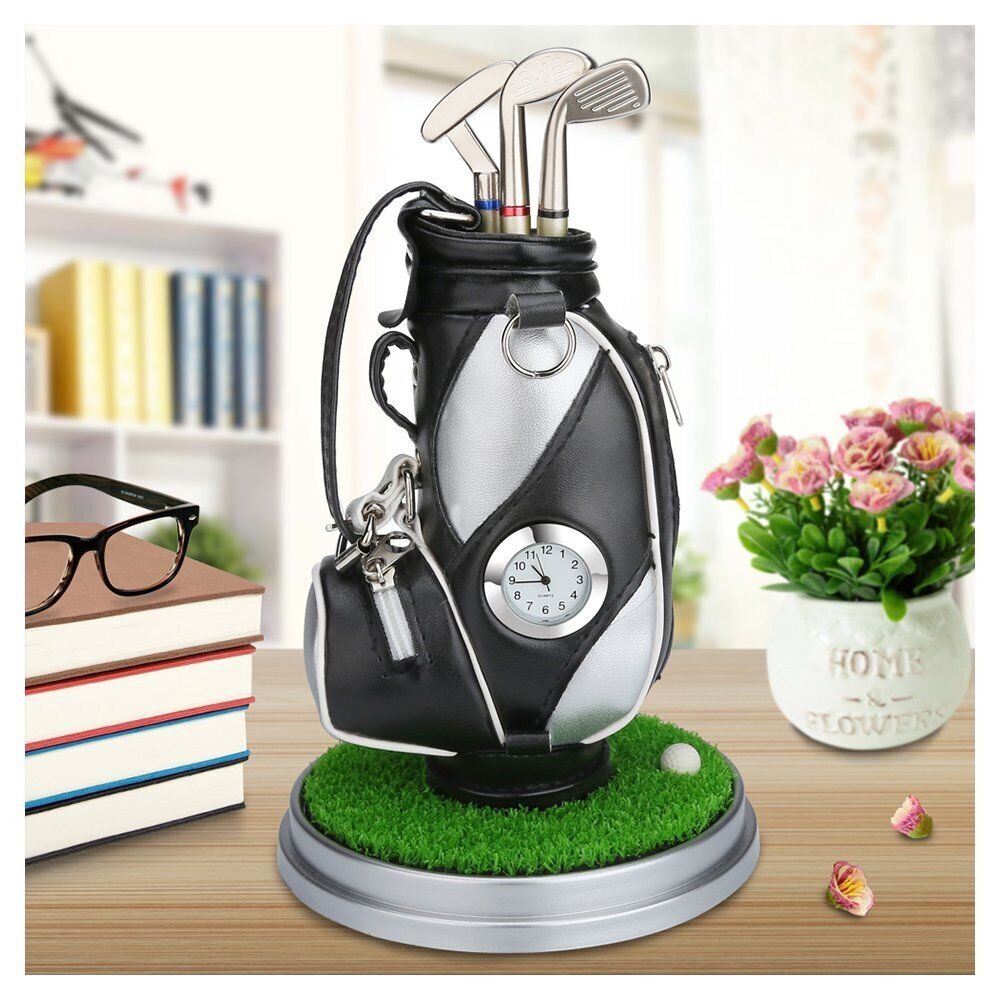 10L0L Mini Desktop Golf Bag Pen Holder with Golf pens Clock 6-Piece Set of Go