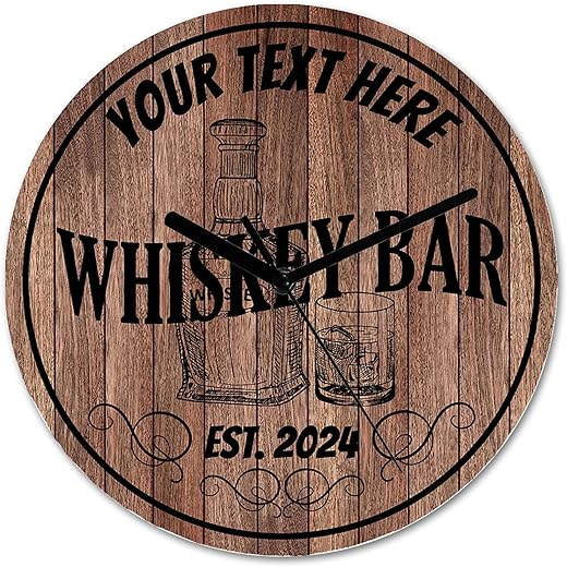 11.6 Inch Custom Whiskey Bar Wall Clock Personalized Silent Wooden Clock Battery Operated Round Wall Clock with Date Easy to Read Clock for Kitchen, Bedroom, Home Office, Living Room Decor