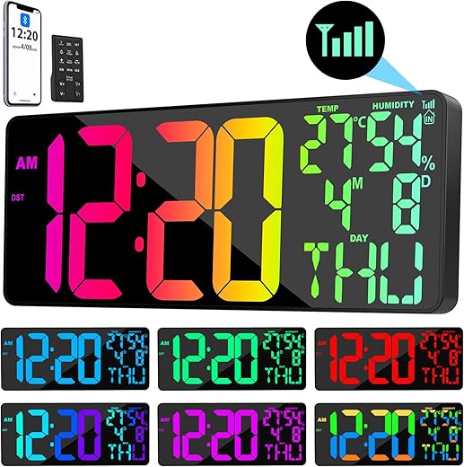 11 RGB Color Changes Large Digital Wall Clock/Bluetooth Auto Time Sync, Remote-Controlled Digital Wall Clock Large Display with Alarm/Timer Function, DST, Indoor Temperature/Humidity Display (18 inch)