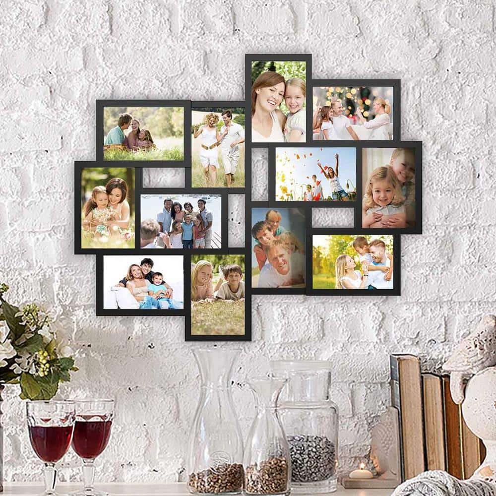 12-Opening 4 in. x 6 in. Black Picture Frame Collage