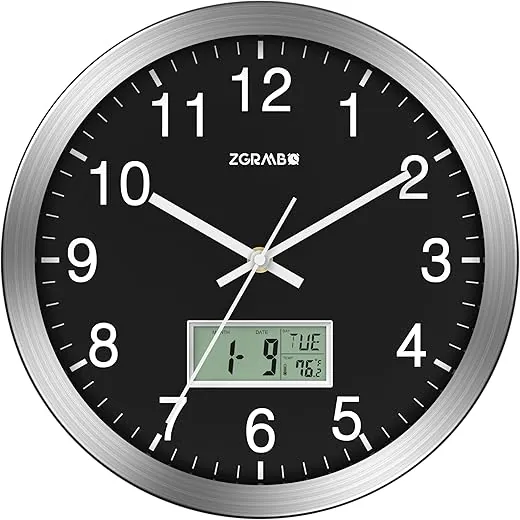 12 Atomic Analog Wall Clock with Digital Date, Week & Indoor Temp - Battery Operated Atomic Wall Clock, Auto Sets, DST, Silver Brushed Finish, Easy to Read, Style fits Any Decor (Silver & Black)