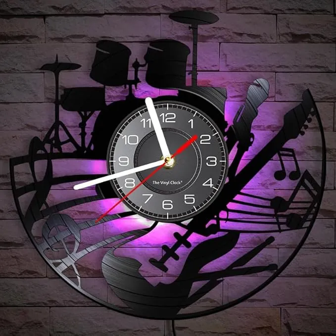 12'' Guitar And Drum Kit LED Vinyl Record Wall Clock with 7 Colors Changing Non-ticking, Modern Rock N Roll Instrument Hanging Night Light Wall Clock Watch Drummer Guitarist Music Lover Gift