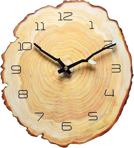 12 Inch Annual Ring Wall Clock Wood Grain Clock Leaf Tree Stump Clock Creative Silent Clock Quartz Clock Battery Powered Arabic Numerals Decorative Home Living Room Office Size:10.55