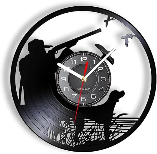 12 Inch Duck Hunting Wall Clock, Silent Quartz Non Ticking Battery Operated Vintage Decorative Hunter Black Analog Hanging Vinyl Record Wall Clock Watch for Man Cave Decor