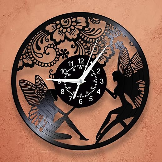 12 Inch Fairy Tale Butterfly Wall Clock, Vintage Flower Fairy Angel Vinyl Record Wall Clock Fantasy Silent Non Ticking Wall Watch Clock Battery Operated for Girls Bedroom Kitchen Living Room