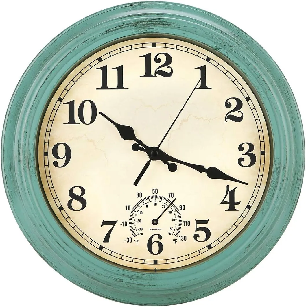 12 Inch Indoor/Outdoor Retro Waterproof Wall Clock with Thermometer,Vintage Battery Operated Silent Non Ticking Quartz Clock Wall Decorative for Kitchen/Bedroom/Living Room/Bathroom/Patio-Olive green