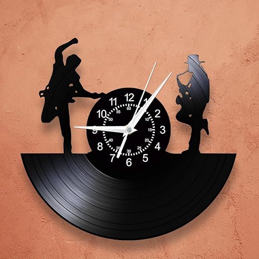 12 Inch Jazz Music Themed Vinyl Wall Clock, Classical Musical Instrument Wall Clock Vintage Jazz Saxophone Wall Watch Clock Silent Non Ticking Battery Operated Gift for Music Lovers Jazz Band