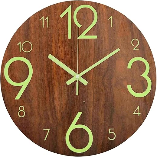 12 inch Luminous Wooden Round Silent Non-Ticking Quartz Wall Clocks, Large Numbers and Hands, Easy to Read Both Day and Night (Large Digital)