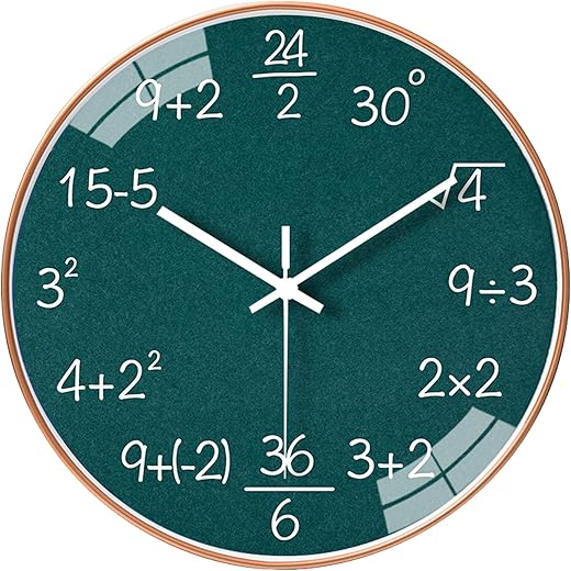 12 Inch Math Wall Clock Silent Non Ticking Movement Quality Quartz Wall Clock for Office Classroom/School/Home/Kitchen/Living Room Wall Decorations (Green)