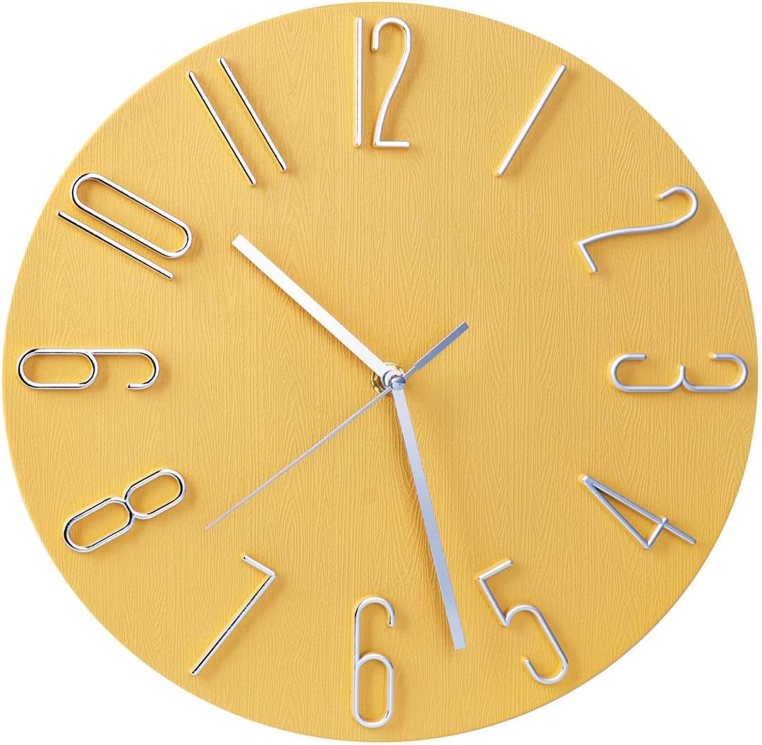 12 Inch Minimalist Yellow Analog Quartz Wall Clock, Battery Operated, Decorative, Unisex