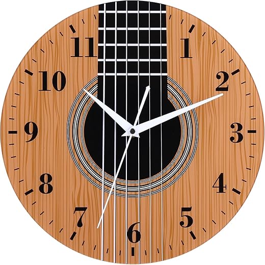 12 Inch Music Themed Wall Clock with Wooden Guitar Dial, Silent Clock Movement and Battery Operated, Great Decor for Music Room, Bedroom and Nice Gifts for Guitar Lover and Musicians