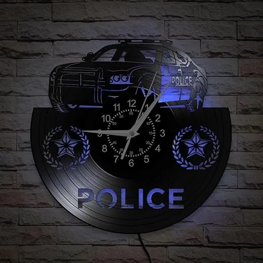 12 Inch Police Car Wall Clock 7 Color Changing, Police Officer Vinyl Wall Clock Police Badge LED Night Light Wall Watch Clock for Police Department Police Station Policeman Retirement Gift