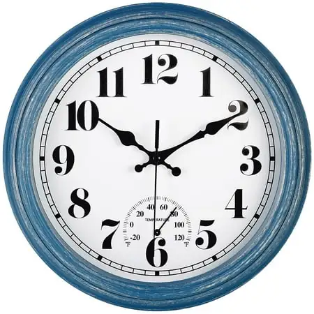 12 Inch Retro Silent Wall Clock,Indoor and Outdoor,Waterproof,Thermometer,Blue