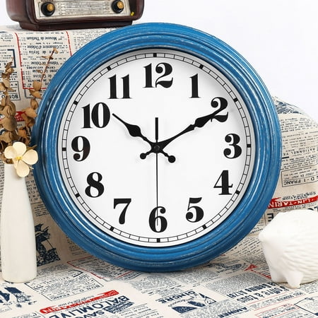 12 Inch Retro Wall Clock Silent,Accurate Time,Big Numbers, Blue