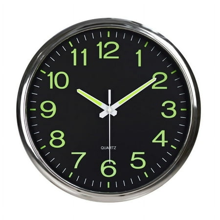 12 Inch Round Large Luminous Wall Clock Glow in the Dark Non-Ticking Indoor Decor -Silver