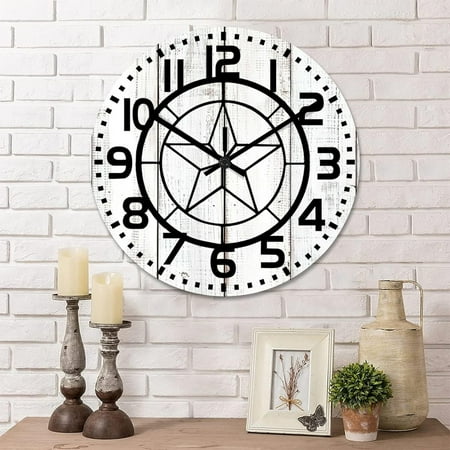 12 Inch Round Wall Clock Western Texas Star Decorative Wall Clock Vintage Wood Clock Non-Ticking Battery Operated Quiet With Large Numbers Rustic Desk Clock For Living Room School Home Home Decor