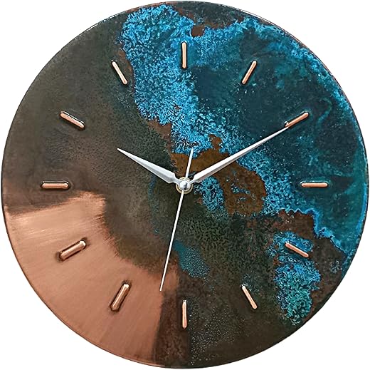 12 Inch Turquoise Blue Green Patina Real Copper Non-Ticking Silent Battery Operated Modern Wall Clock for Living Room Wall Decor, Kitchen, Bedroom, Office (Silver Colored Hands)