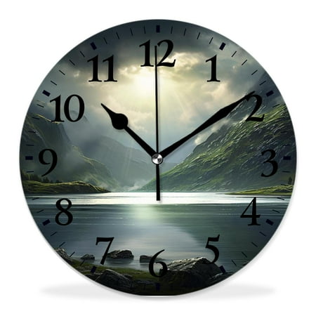 12 Inch Wall Clock Battery Operated Silent Clock Decorative for Office, Kitchen, Outdoor, Living Room，Fantasy Image of Dark Surreal Landscape Sunbeams Over Beautiful