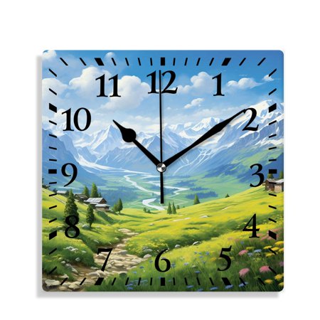 12 Inch Wall Clock Battery Operated Silent Clock Decorative for Office, Kitchen, Outdoor, Living Room，Fog Sunrise of Grassy Landed Hills with Sky of Sunbeams Drawing