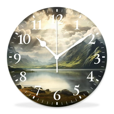 12 Inch Wall Clock Battery Operated Silent Clock Decorative for Office, Kitchen, Outdoor, Living Room，Fantasy Image of Dark Surreal Landscape Sunbeams Over Print