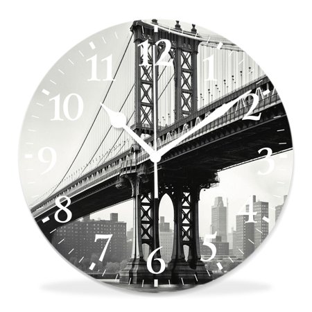 12 Inch Wall Clock Battery Operated Silent Clock Decorative for Office, Kitchen, Outdoor, Living Room，Bridge of New York Vintage East River Drawing