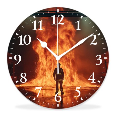 12 Inch Wall Clock Battery Operated Silent Clock Decorative for Office, Kitchen, Outdoor, Living Room，Firefighter Fireman Fighting in Fire Flame Painting