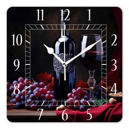 12 Inch Wall Clock Battery Operated Square Clock Decorative for Office, Kitchen, Outdoor, Living Room，Red Wine with Grapes and Vine Leaves Lovely