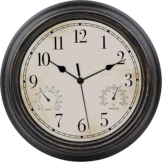 12 Inch Wall Clock Retro Waterproof Indoor/Outdoor Wall Clock with Thermometer and Hygrometer Battery Operated Round Non-Ticking Clock Decorative for Patio, Porch, Garden, Black