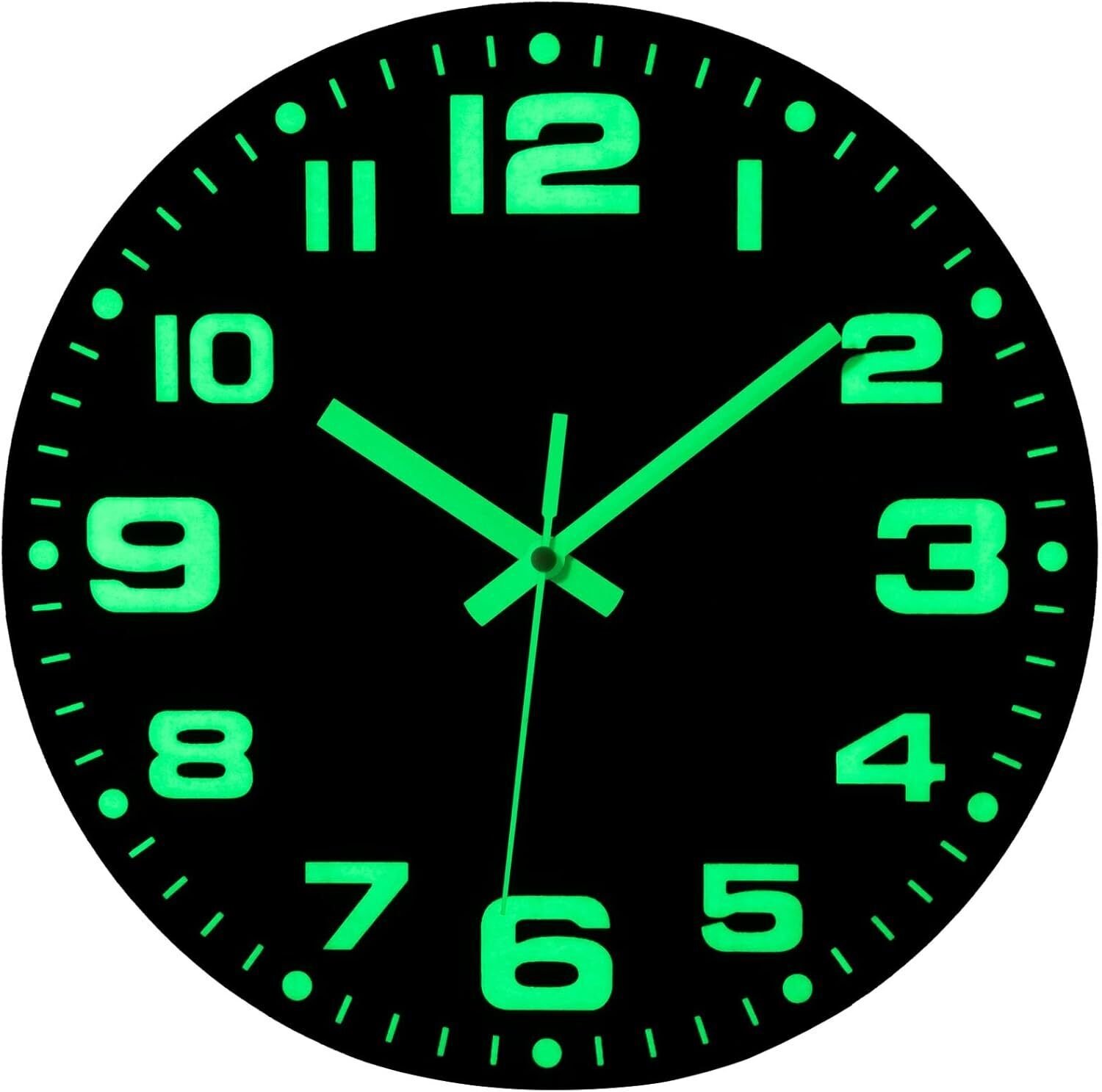 12" Large Wall Clock Night Light Luminous Silent Battery Operated Analog Clock