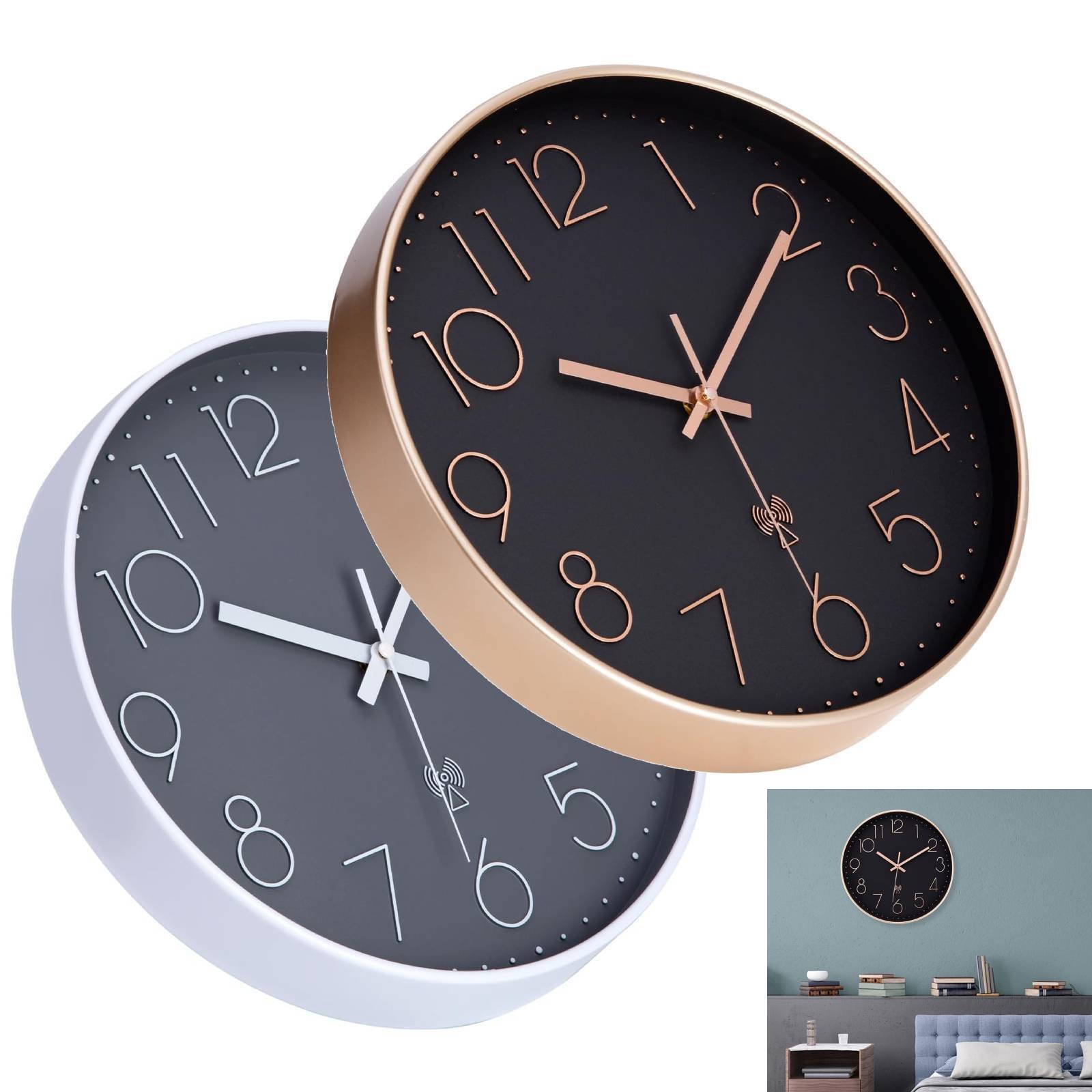 12" Modern Wall Clock Large Silent Battery Operated Analog Radio Signals Clock