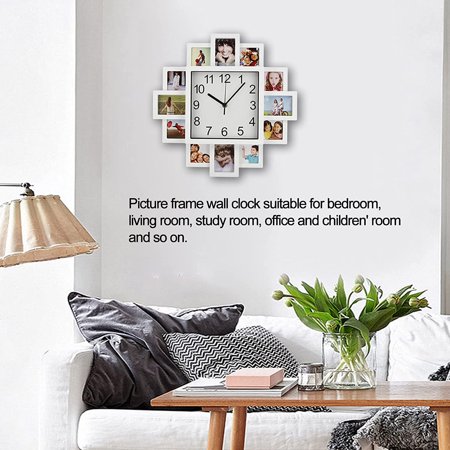 12 Multi Photo Wall Clocks, 15.35In White Photo Frame Wall Clock Diy Multi