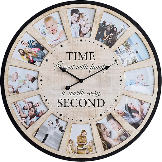 12 Photo Collage Rustic Farmhouse Wood Wall Clock, Large Oversized Wall Clock for Home, Kitchen, Living Room, Silent Battery Powered 25 Inch Natural