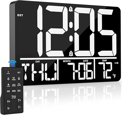 13 Digital Wall Clock Large Display with Remote, 25 Ringtones, Temperature, Calendar, 0-100% Auto or Custom Brightness, 12/24H, DST, Timer, for Living Room, Kitchen, Bedroom, Office, Elderly