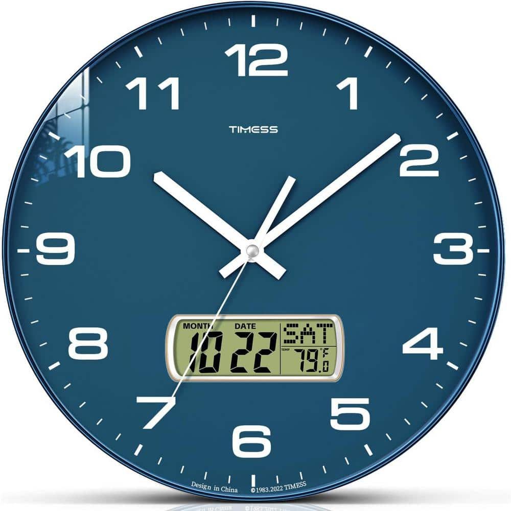 13 in. Blue Analog Non-Ticking Battery Operated with LCD Display for Ideal...