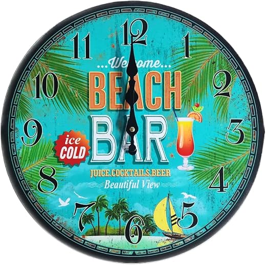 13 Inch Round Beach Bar Themed Wall Clock with Tropical Colors Ideal for Cafe, Farmhouse, Living Room, Bedroom, Office, Bar Areas | Battery Operated