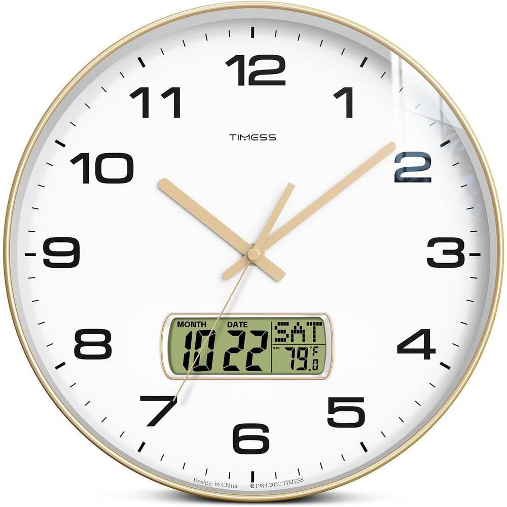 13 in. Gold Analog Non-Ticking Battery Operated with LCD Display for Ideal...