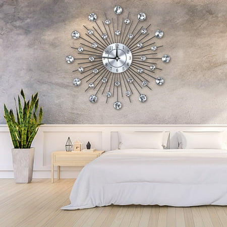 13 in Wall Clock for Living Room Office, Decorative Clock,Sparkling Bling Metallic Silver Flower-Shaped Wall Clock for Living Room Office