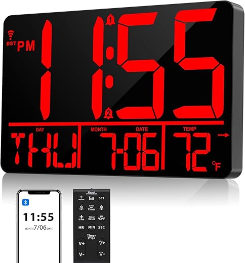 13 Large Digital Wall Clock with Remote, Bluetooth Connection, 25 Ringtones, Dual Alarm, 0-100% Auto or Custom Brightness, 12/24H, Auto DST, for Living Room, Kitchen, Office, Elderly（Red）