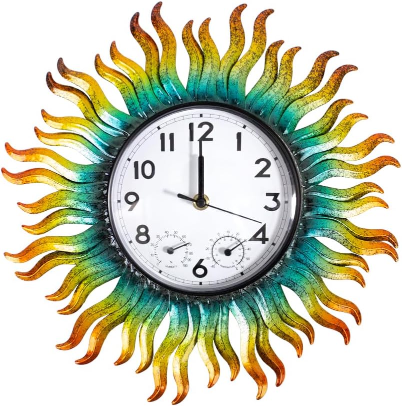 13'' Sun Outdoor Clock, Wall Clock with Thermometer & Humidity Silent No-Ticking Waterproof for Patio, Living Room, Kitchen