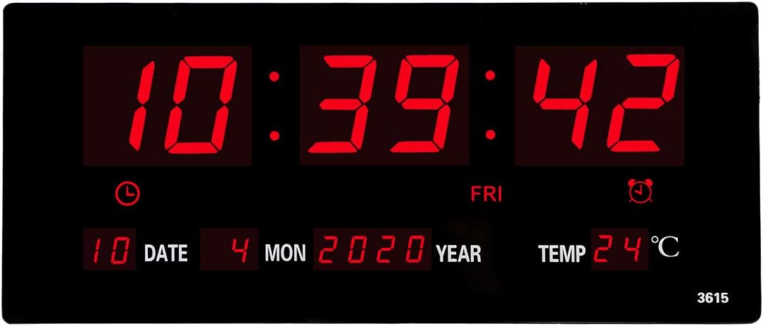 14.1 Inch Oversized LED Digital Wall Clock/Calendar Large Display with Indoor Temperature Date and Day of Week,Electric Wall Mounted Desk Clock Timer,Red